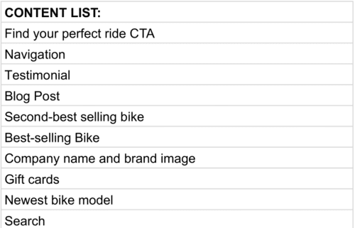 Content list for a bike company