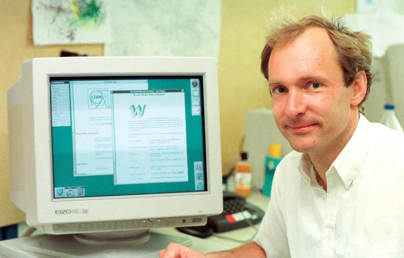 Tim Berners Lee at his computer, he and collegues created the world wide web