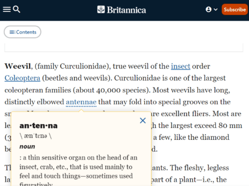 A screenshot from britannica.com showing the underline word definition feature.