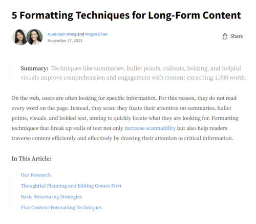 A screenshot from the Nielsen Normal Group article showing a summary and table of contents.