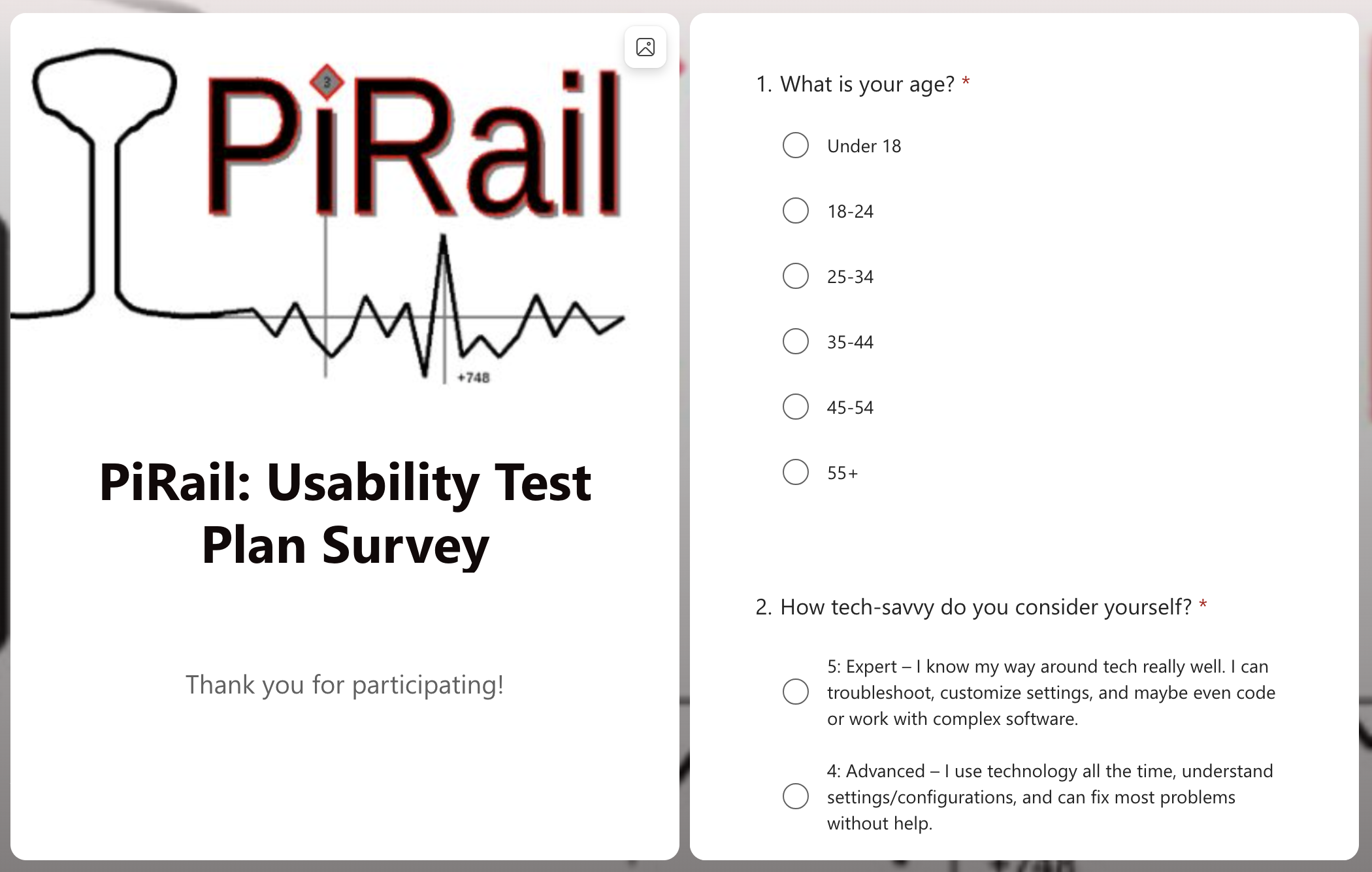Screenshot of the PiRail Usability Test Plan Survey interface